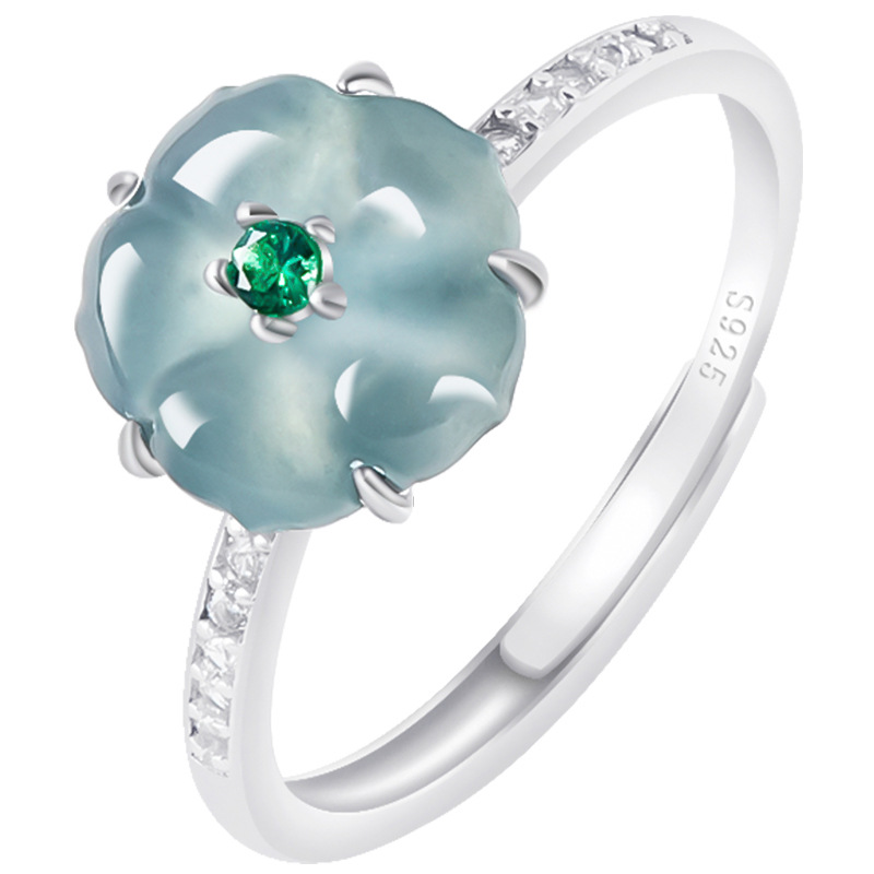Women Accessories For Gift - Blauwe Birmese Jadeiet Bloemenringen 925 Zilver